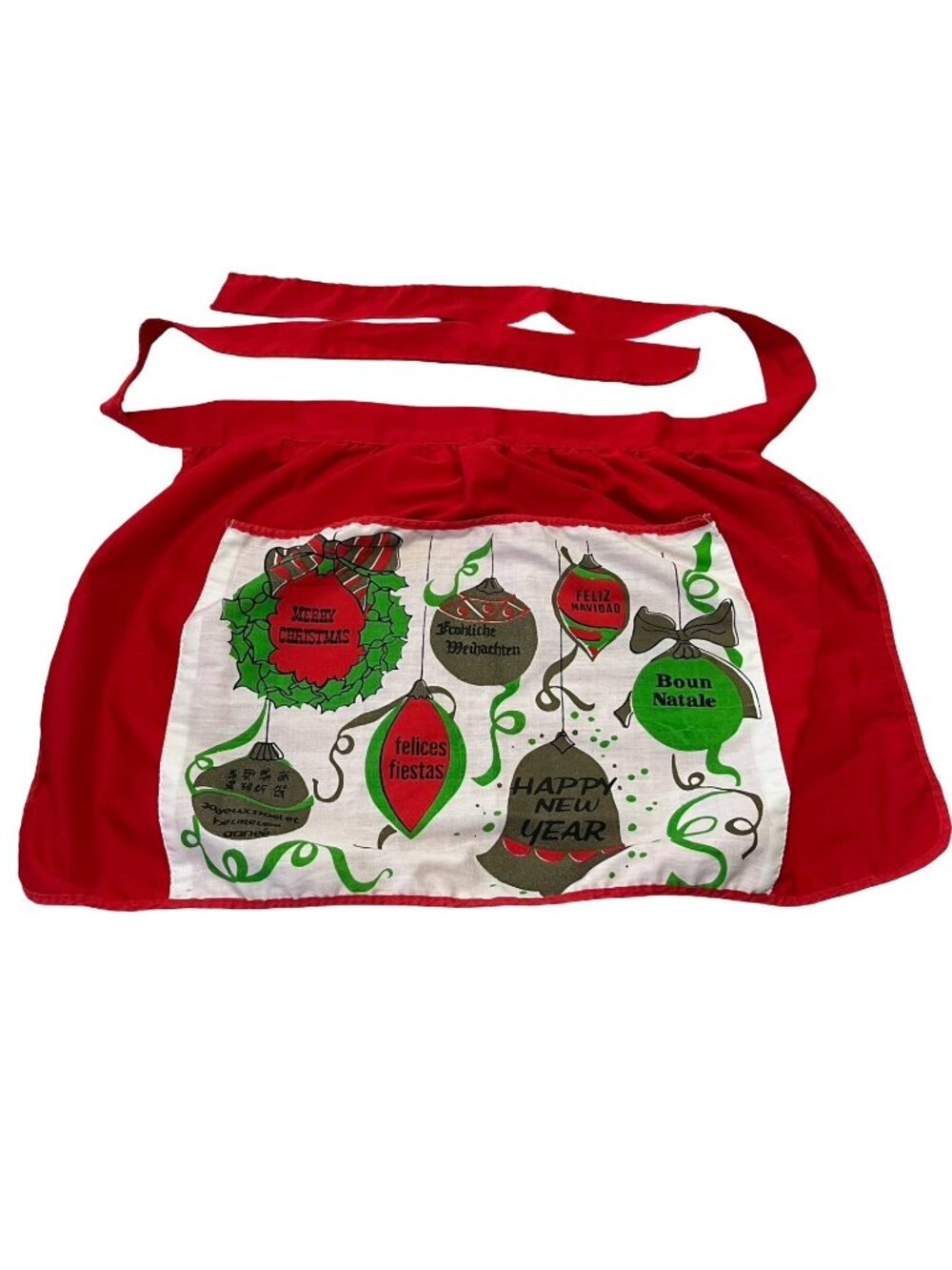 Vintage Christmas Half Apron Holiday Ornaments Red Green Mid Century Kitchen Dec